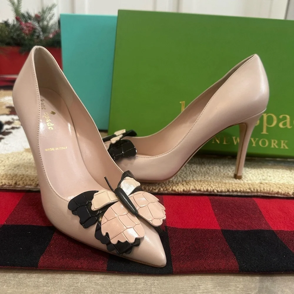 New Kate Spade Laurie Heels Butterfly Women’s 6.5 w/ Box Pale Pink Nappa Leather